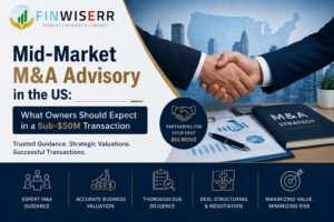 Finwiserr mid-market M&A advisory infographic covering valuation, due diligence, deal structuring and negotiation.