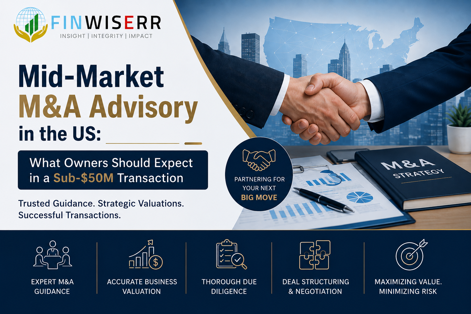 Finwiserr mid-market M&A advisory infographic covering valuation, due diligence, deal structuring and negotiation.