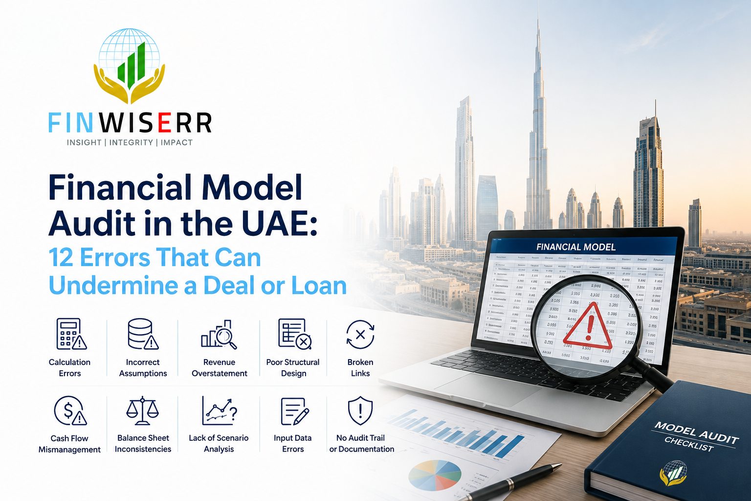 Financial model audit UAE infographic showing 12 errors that can undermine a deal or loan.